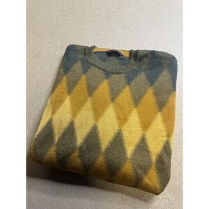 Dalmine Italy Mens XL Argyle Crewneck Sweater Olive Green Yellow Knit Made Italy